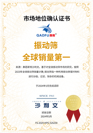 授予高服機(jī)械“振動篩全球銷量第一” 市場地位確認(rèn)證書